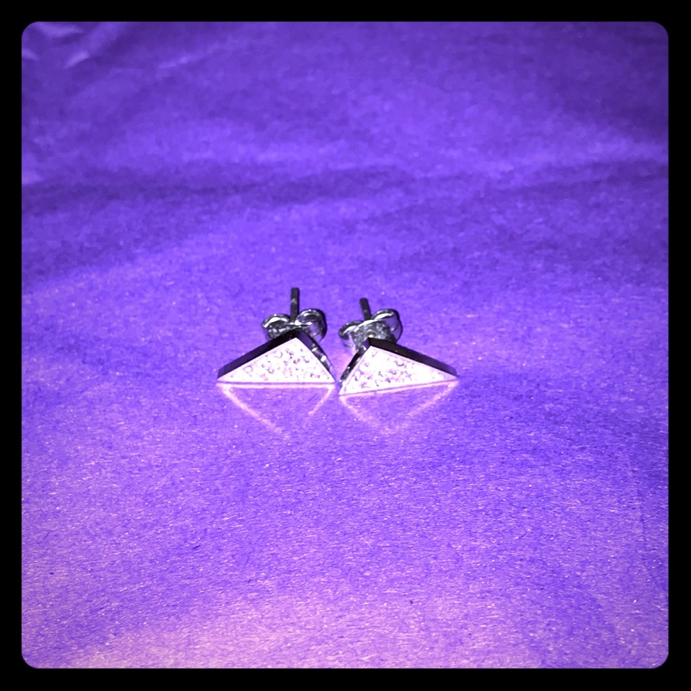Silver toned triangle earrings with clear stones - Picture 2 of 5